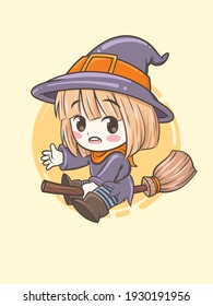 Cute witch is flying using a magic broomstick - cartoon character illustration for halloween