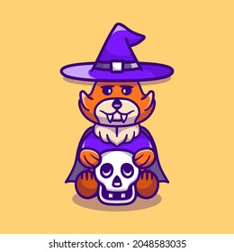 cute witch fox holding skull, suitable for cute animal halloween t-shirts or mascot designs