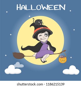 Cute witch and full moon background. Halloween poster. Vector and illustration