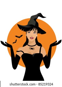 Cute witch A cute witch gestures happily. EPS 8 vector is grouped for easy editing, with no open shapes, strokes or transparencies.