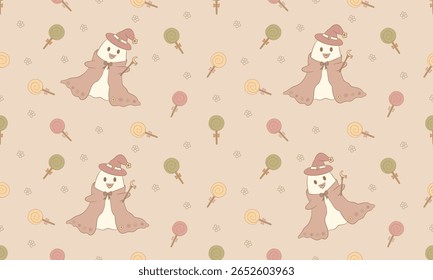 Cute Witch Ghost and Candy Halloween Seamless Pattern in Beige Pastel
