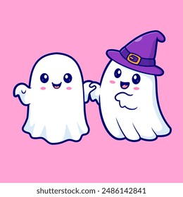 Cute Witch And Ghost Holding Hand Cartoon Vector Icon Illustration. People Holiday Icon Concept Isolated Premium Vector. Flat Cartoon Style