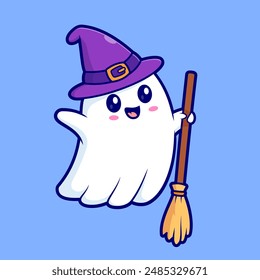 Cute Witch Ghost Holding Magic Broom Cartoon Vector Icon Illustration. People Holiday Icon Concept Isolated Premium Vector. Flat Cartoon Style