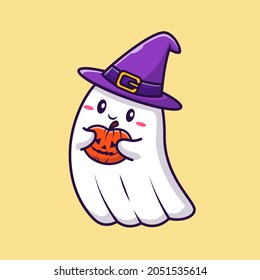 Cute Witch Ghost Holding Pumpkin Halloween Cartoon Vector Icon Illustration. Holiday Halloween Icon Concept Isolated Premium Vector. Flat Cartoon Style