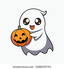 Cute witch ghost holding pumpkin Halloween cartoon