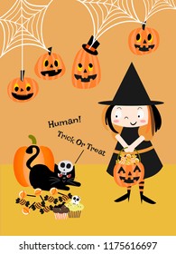 Cute witch girl and black cat on Halloween background.