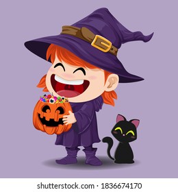 Cute witch girl and black cat with Halloween pumpkin bucket with candy isolated on purple background. 