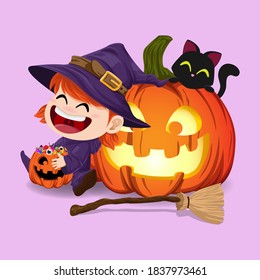 Cute witch girl and black cat rest in front of Halloween pumpkin with full of candy in pumpkin bucket isolated on purple background. 