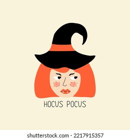 Cute witch girl in black hat hand drawn vector illustration. Funny isolated redhead woman character in flat style for icon or sign. "Hocus Pocus" Halloween party card.