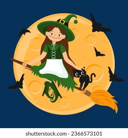 Cute witch girl with a broom on the moon, bats and cat. Halloween illustration, kids print, vector	
