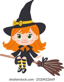 Cute witch girl children Halloween character. Cartoon style. White background.