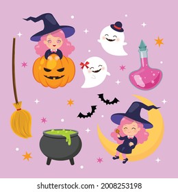 Cute witch girl clip art set. Happy Halloween. Flat vector cartoon design