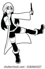 Cute Witch Girl Drawn In Cartoon Anime Style Embarrassedly Covers Her Mouth With Her Hand While Standing On One Leg, She Has Long Hair Outline Drawing Coloring With Shadows