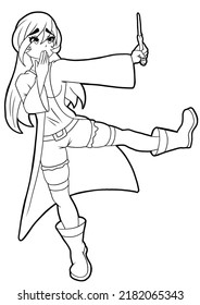 Cute Witch Girl Drawn In Cartoon Anime Style Embarrassedly Covers Her Mouth With Her Hand While Standing On One Leg, She Has Long Hair Outline Drawing Coloring Book