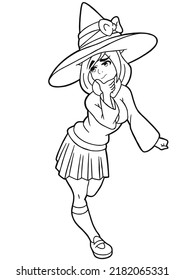 A cute witch girl drawn in the style of Japanese manga comics, she has a big hat, she is wearing a mantle, a short skirt, shoes, an outline drawing coloring book