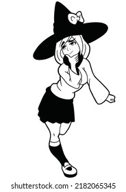 A cute witch girl drawn in the style of Japanese manga comics, she has a big hat, she is wearing a mantle, a short skirt, shoes, an outline drawing coloring book with shadows