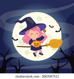 Cute witch girl flying with broom stick. Happy Halloween illustration. Flat vector cartoon design