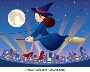 A cute witch girl flying in the city