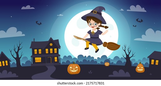 Cute witch girl flying on a broomstick on halloween night. Scary landscape with adorable little witch.
