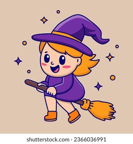 Cute witch girl in hat riding broomstick. Cartoon character for Halloween design. Isolated vector illustration 
