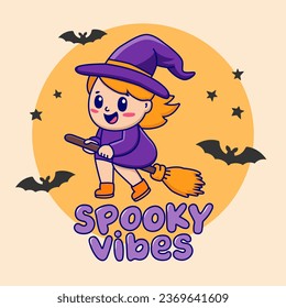 Cute witch girl in hat riding broomstick and text Spooky Vibes. Cartoon character for Halloween design. Vector illustration