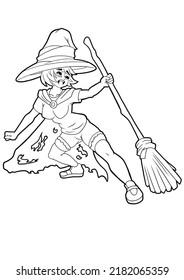 Cute witch girl holding a flying broom in her hand with a surprised expression on her face she is drawn in cartoon anime style, outline drawing line coloring