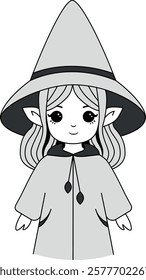 Cute witch girl with long hair wearing a pointed hat and cloak. Black and white cartoon illustration. Halloween and fantasy character concept for design and print