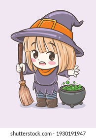 Cute witch girl with magic broomstick - cartoon character illustration for halloween