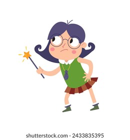 Cute witch girl with magic wand on white background. Halloween and wizard school. Cartoon objects for design. Vector illustration.