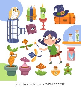 Cute witch girl with magic wand, hat, items on white background. Halloween and wizard magic school. Cartoon objects for design. Vector illustration.