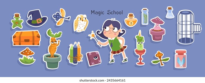 Cute witch girl with magic wand, objects on blue background. Halloween and wizard school. Cartoon stickers for design. Vector illustration