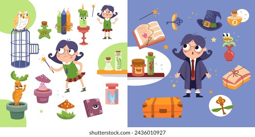 Cute witch girl with magic wand, objects on white and blue background. Halloween and wizard school. Cartoon stickers for design. Vector illustration.