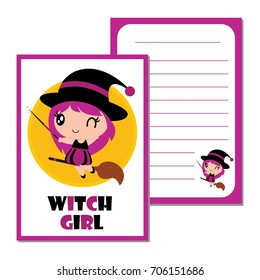 Cute witch girl with magical broom vector cartoon illustration for halloween paper design, notebook paper and kid stationery paper design