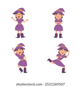 Cute witch girl mascot character icon symbol hand drawn style. collection of isolated cartoon illustrations