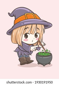 Cute witch girl playing with magic stick - cartoon character illustration for halloween