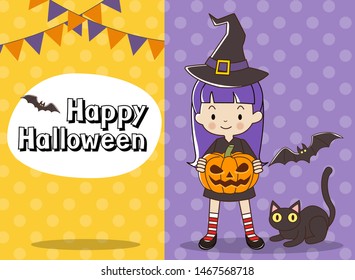 Cute witch girl with pumpkin for Happy Halloween. Trick or treat. Yellow and purple polka dot background.