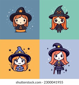 Cute witch girls kawaii cartoon halloween illustration set collection