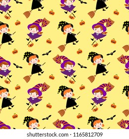Cute witch girls on bright yellow background vector cartoon illustration for halloween.