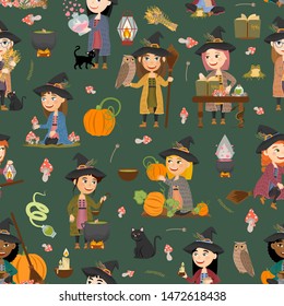 Cute witch girls seamless pattern. Sorcerers gather mushrooms and herbs, brew potions, fly on a broomstick and make magic. Vector illustration
