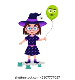 Cute witch with glasses, with a balloon
