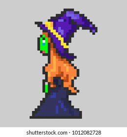 cute witch with green skin in hat, vector illustration in pixel art style