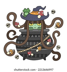 Cute witch and green skin sitting in alchemy pot  Cute girl wearing witchy hat and frog   toxic mushrooms  Magc alchemy kettle and ornament  Cute autumn halloween art  Cartoon vector illustration