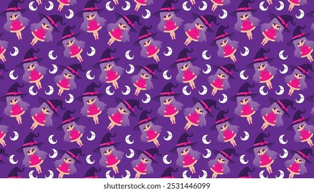 Cute witch with hair in purple and lilac tones, with moon, pattern, for backgrounds textures