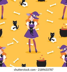 Cute Witch and Halloween Black Cat Seamless Pattern