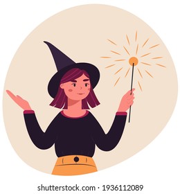 Cute witch. Halloween concept. Little wizard in a hat with magic wand. Happy girl sorcerer wearing witch hat standing. Stock vector illustration, eps 10