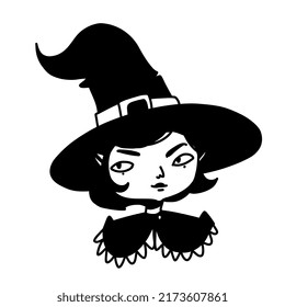 Cute witch. Halloween little witch character portrait in cartoon doodle outline style. Vector illustration of little girl in witch costume