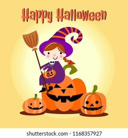 Cute witch and halloween pumpkins. Halloween background.
