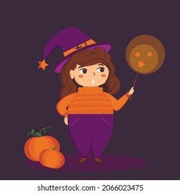 Cute witch for Halloween with pumpkins. The Enchantress conjures with a magic wand