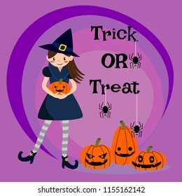Cute witch and Halloween punkins. Halloween concept. Use for greeting card or invitation.