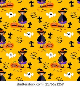 Cute Witch in Halloween Seamless Pattern